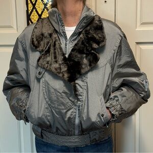 Head Women's Silver Bomber Jacket with Dark Faux Fur Collar